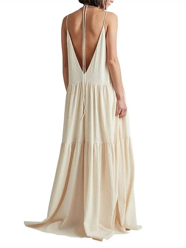 Spaghetti Strap Deep V-Neck Tiered Gauze Crinkle Texture Dress - View 3