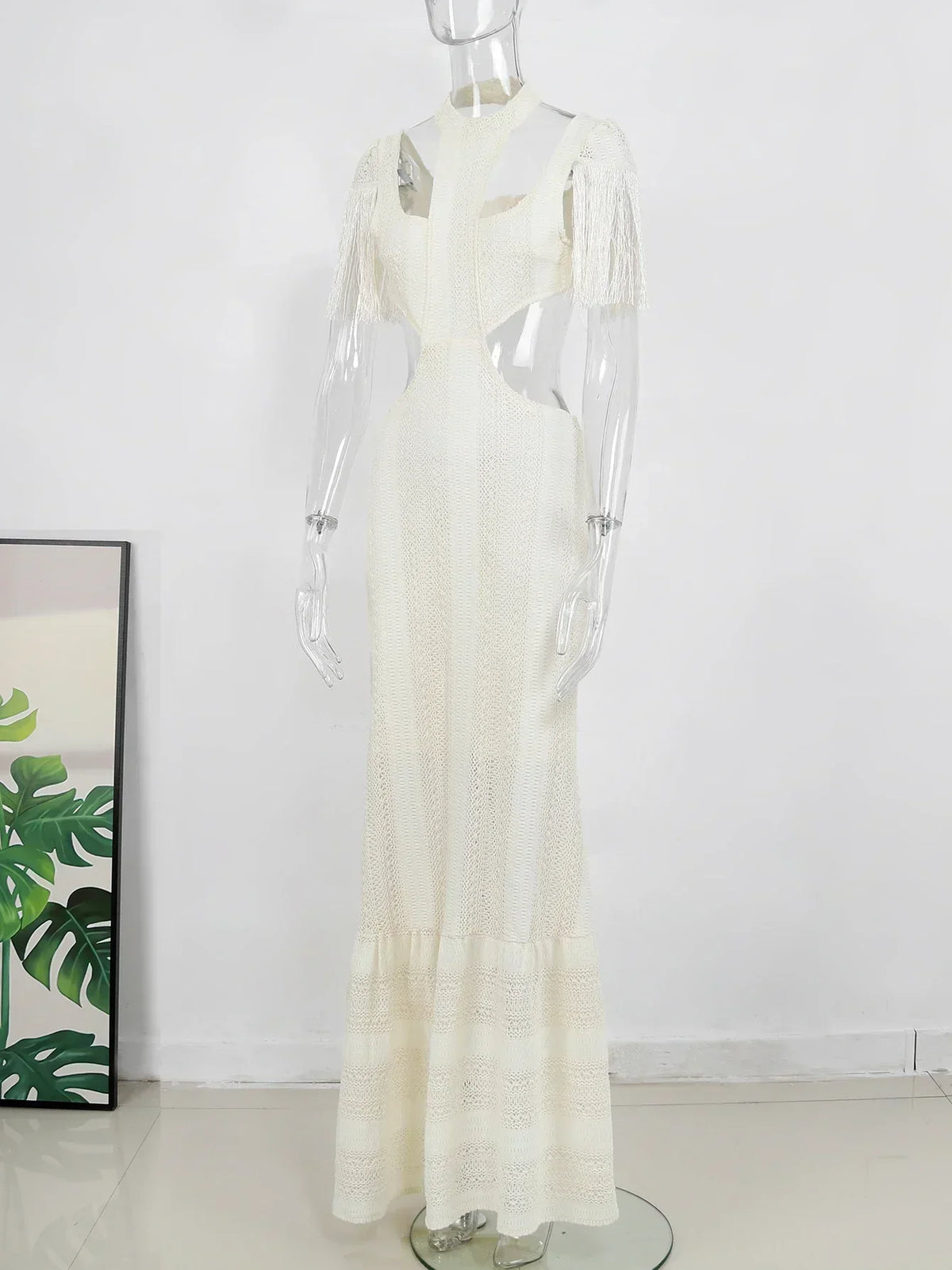 Crochet Knit Deep V-Neck Waist Cut Out Fringe High Split Maxi Dress - View 11