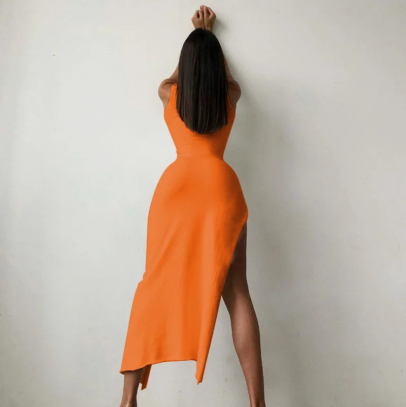 Ribbed Knit Turtleneck Sleeveless High Split Bodycon Maxi Dress - View 2