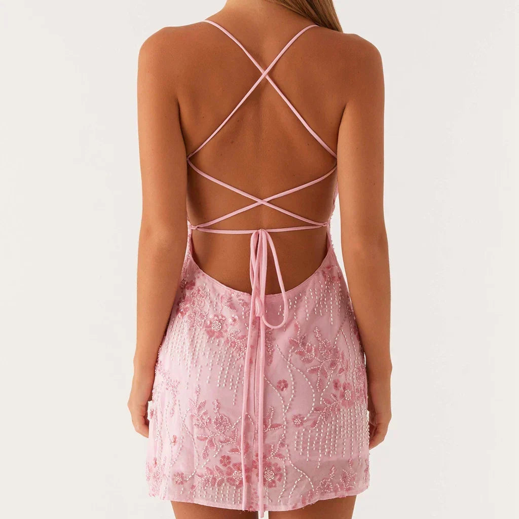 Beaded Floral Sweetheart Spaghetti Strap Bodycon Mini Dress - View 2