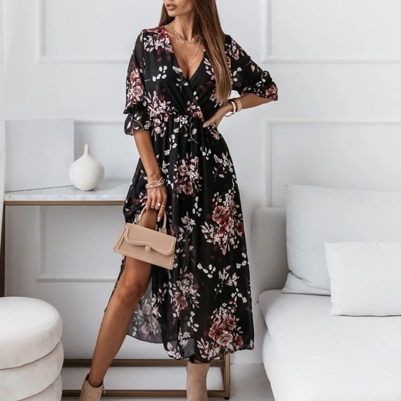 Marble Print Deep V-Neck Bishop Sleeve High Split Wrap Maxi Dress - View 3
