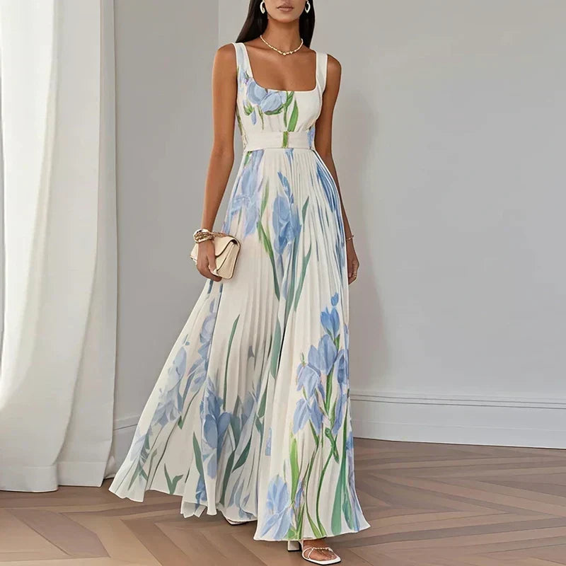 Floral Print Square Neck Pleated A-Line Maxi Dress 2