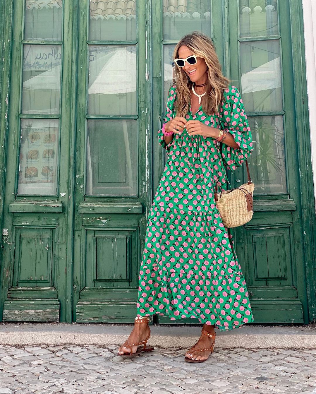 Geometric Print V-Neck Puff Sleeve Tiered High Low Maxi Dress 3