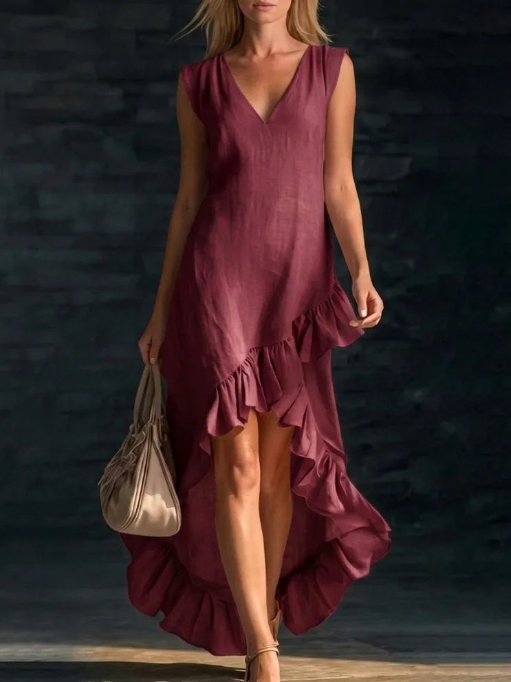 V-Neck Sleeveless Ruffle Hem High Low Maxi Dress 9