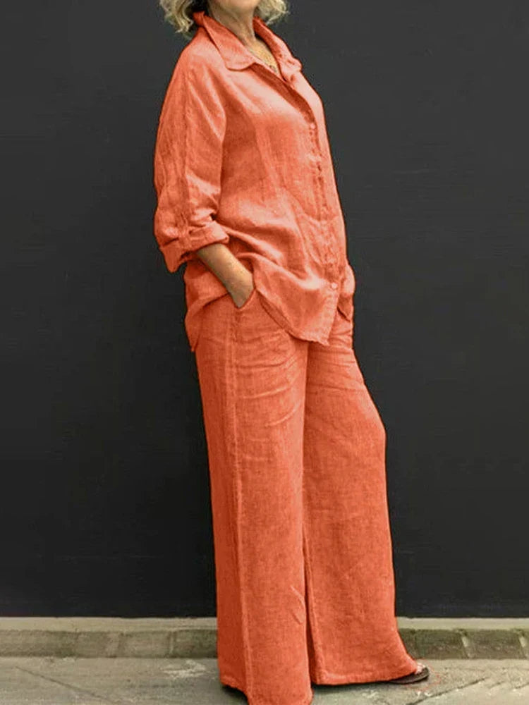 Long Sleeve Button Front Shirt and Wide Leg Pants Two Piece Set 8