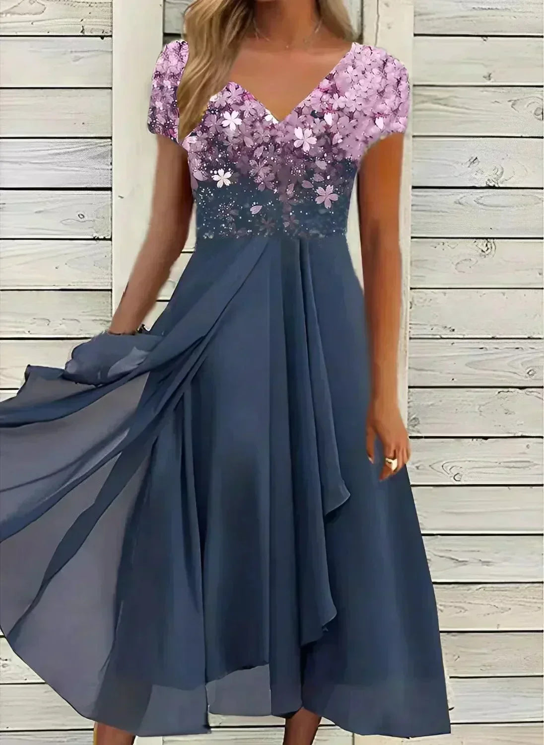 Chiffon V-Neck Cap Sleeve Ombre Bodice Flowy Pocket Maxi Dress - View 4