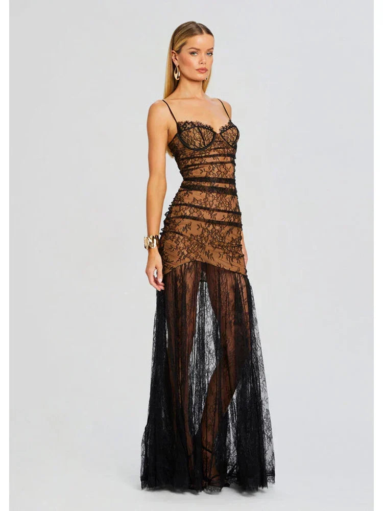 Spaghetti Strap Folds Split Elegant Lace Dress - View 3