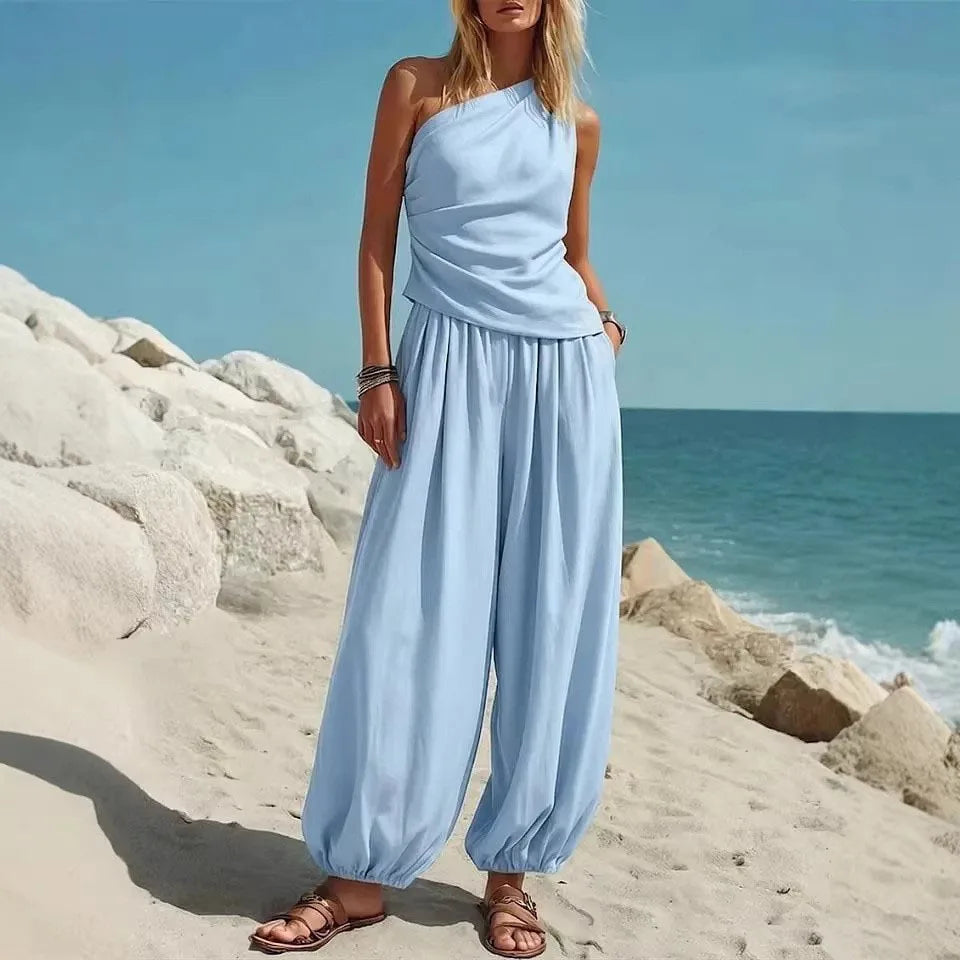 One Shoulder Ruched Top and Balloon Leg Pants Two Piece Set 4