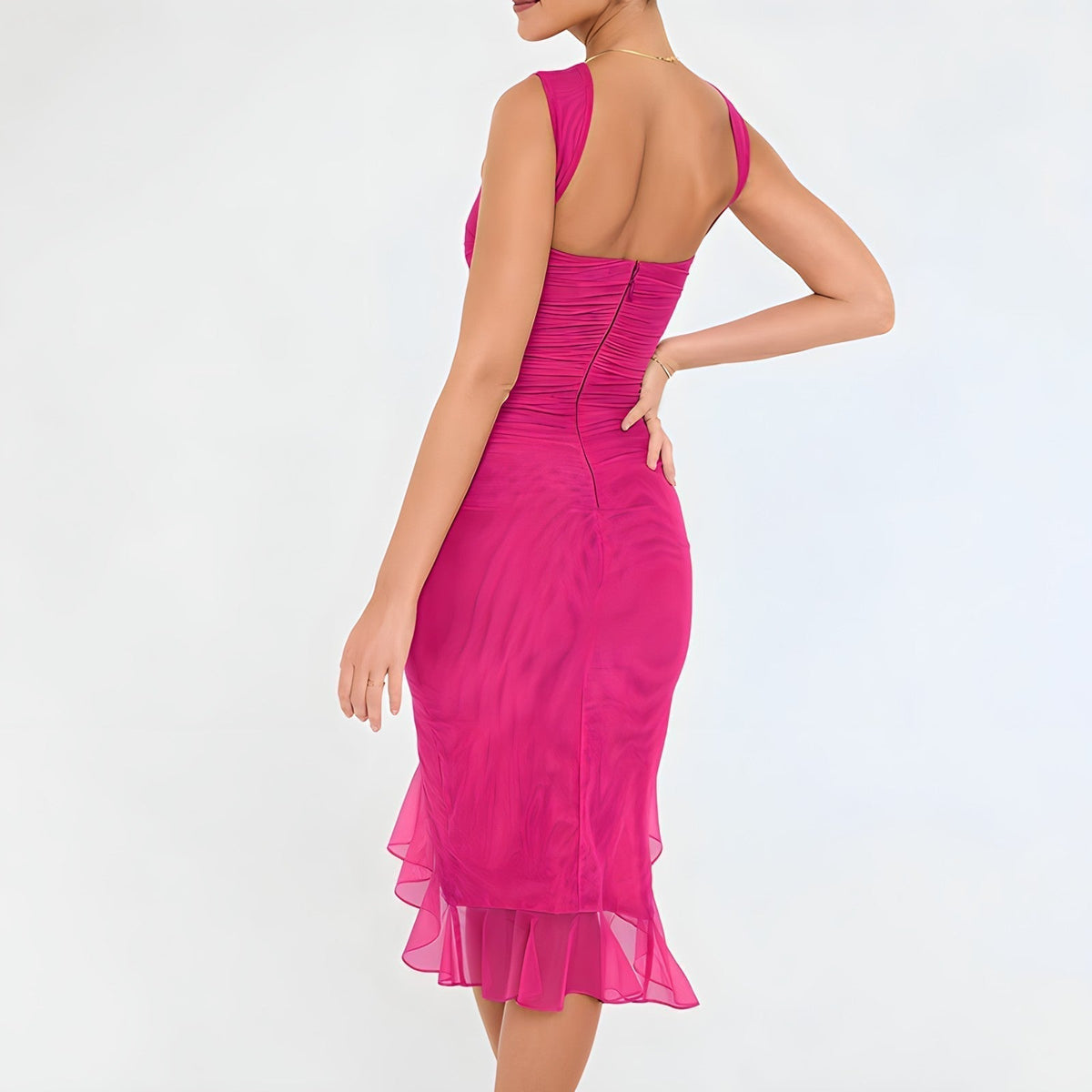 Sleeveless Crew Neck Bodycon Ruched Asymmetric Ruffle Hem Midi Dress - View 10