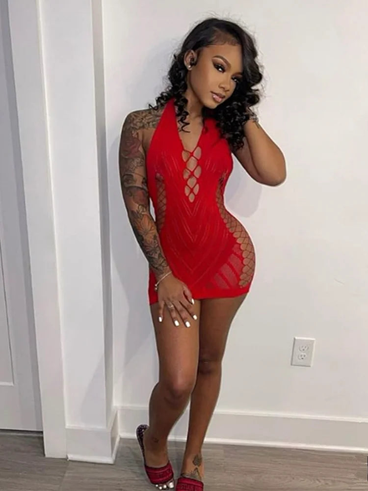 Mesh Halter Neck Lace Up Bodycon Mini Dress - View 5