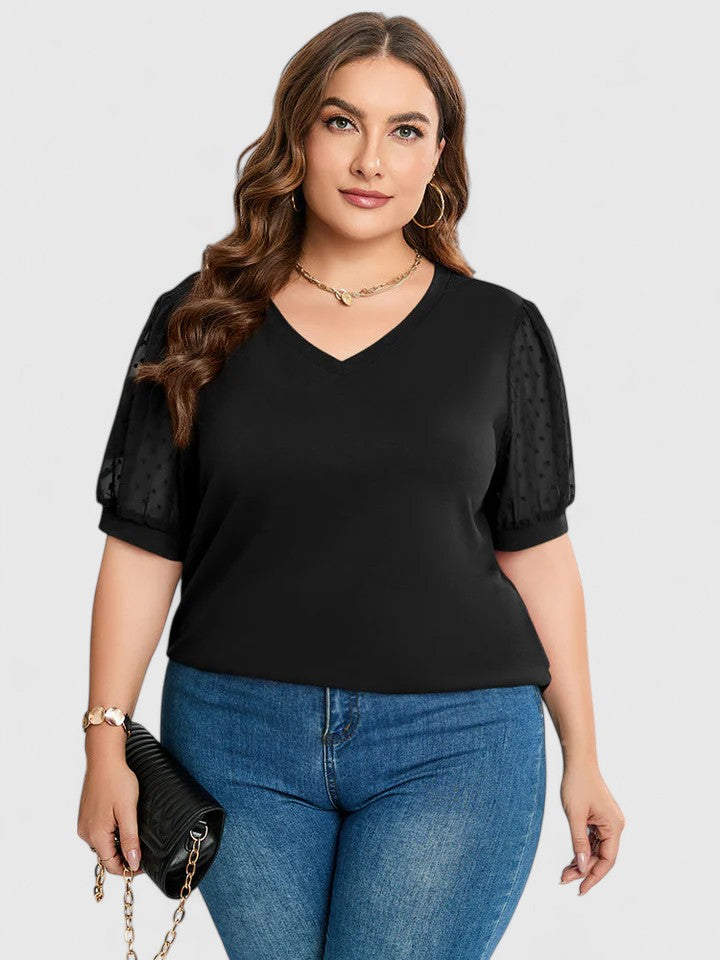 V-Neck Swiss Dot Mesh Puff Short Sleeve Top 9