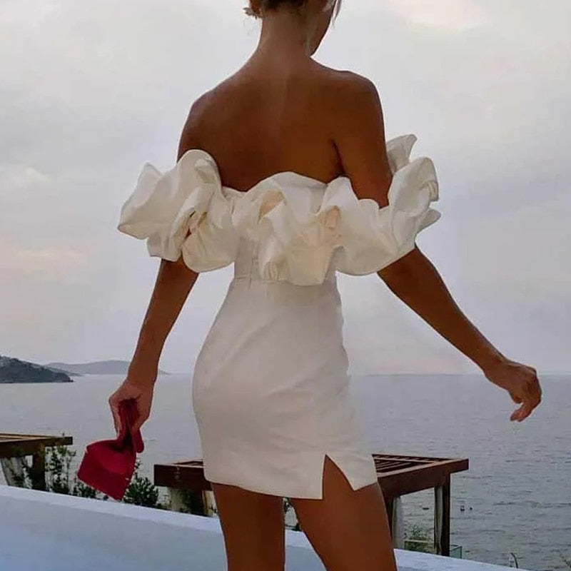 Off Shoulder Ruffle Overlay Bodycon Mini Cocktail Dress