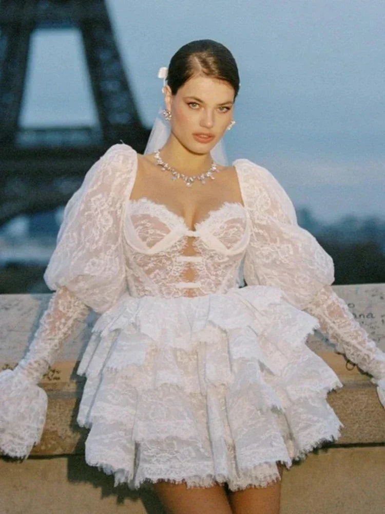 Puff Sleeve Layered Ruffle High Waist Lace Dress - View 4