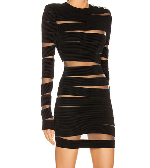 Mesh Insert Long Sleeve Round Neck Cut Out Bodycon Bandage Mini Dress - View 2