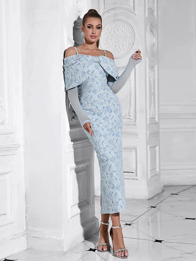 Floral Jacquard Cold Shoulder Mesh Long Sleeve Bodycon Midi Dress - View 4