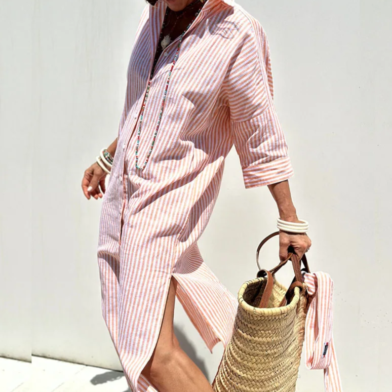 Striped Relaxed Fit Button Down Shirttail Hem Midi Shirt Dress - View 2