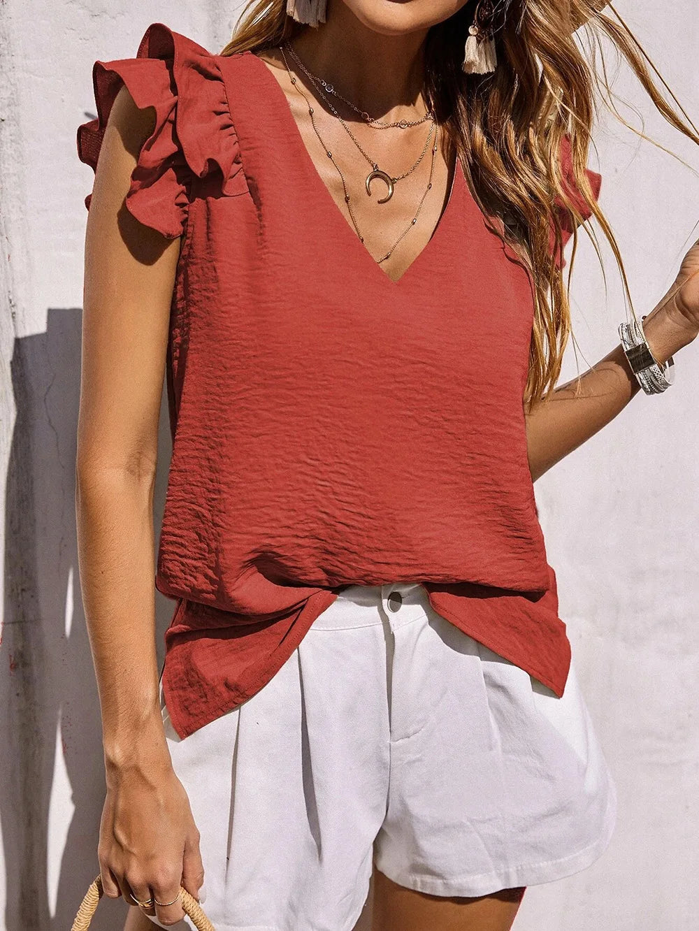 V-Neck Ruffle Sleeve Textured Top 5