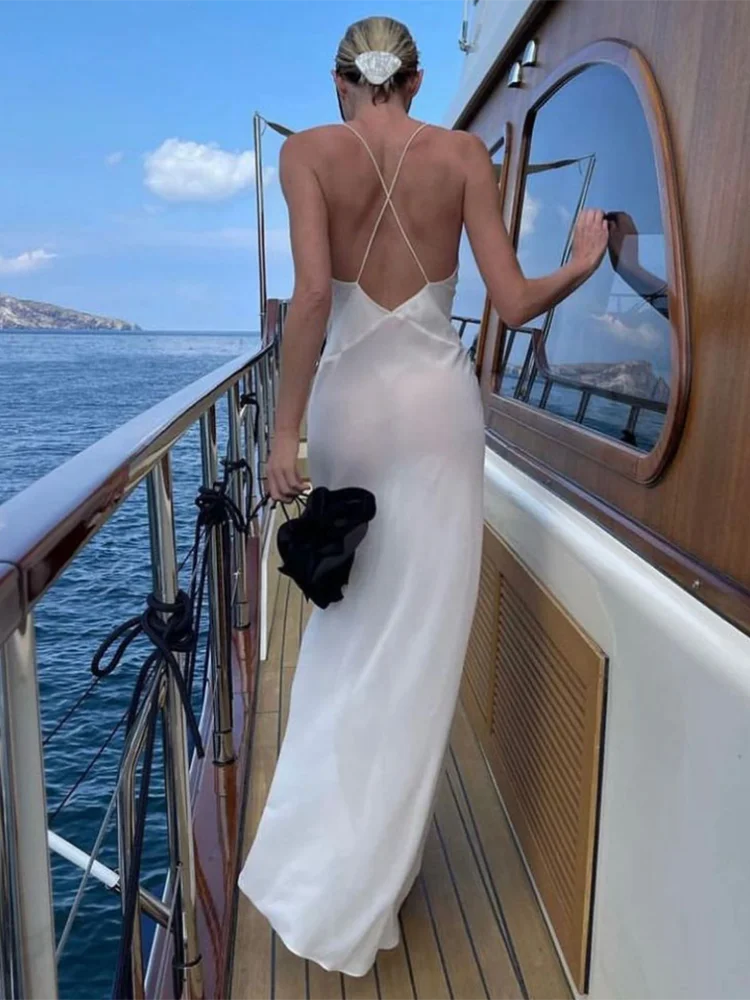 Deep V-Neck Spaghetti Strap Rosette Waist Column Maxi Gown - View 4