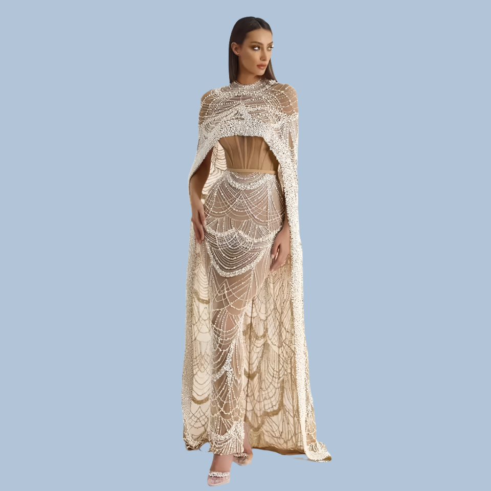 Beaded High Neck Cape Sleeve Sheer Mermaid Gown - View 3
