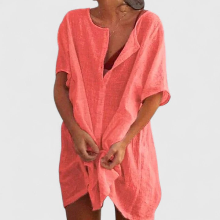 Button Front Short Sleeve Linen Look Shirt Dress 6