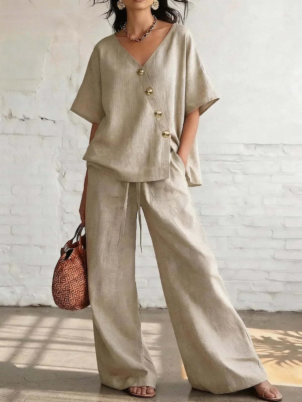 V-Neck Short Sleeve Button Top and Wide Leg Pants Two Piece Set