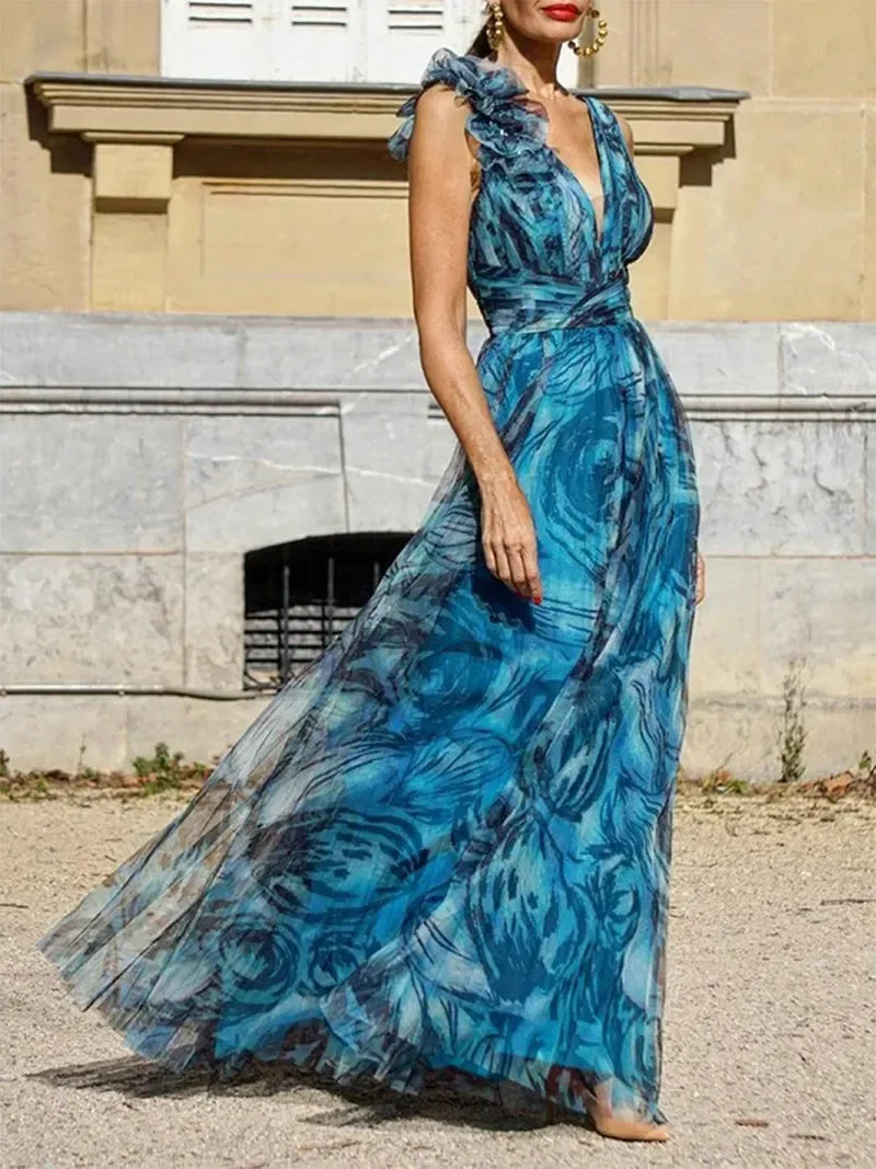 Abstract Print One Shoulder Ruffle Deep V-Neck A-Line Maxi Dress