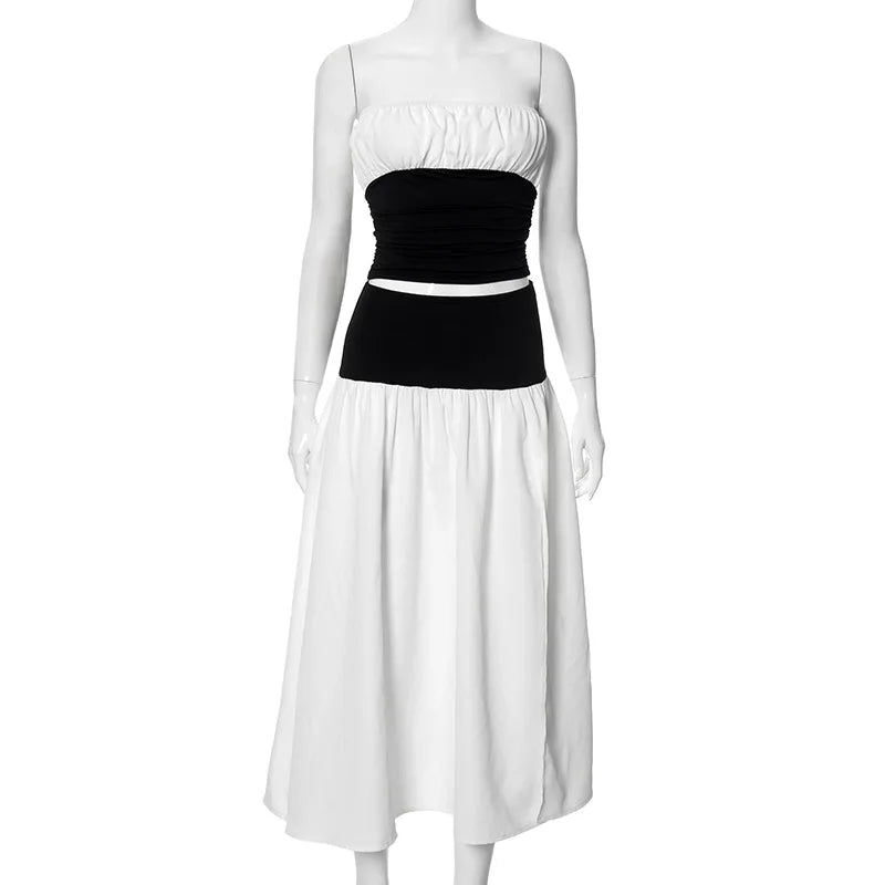 Black And White Patchwork Tube Trendy Top And Slit Long