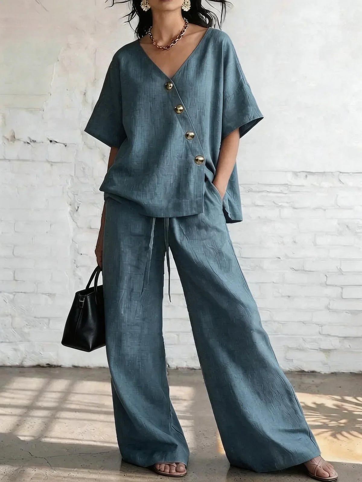 V-Neck Short Sleeve Button Top and Wide Leg Pants Two Piece Set 3