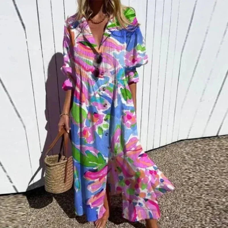 Watercolor Floral Notch Neck Puff Sleeve Maxi Dress 3