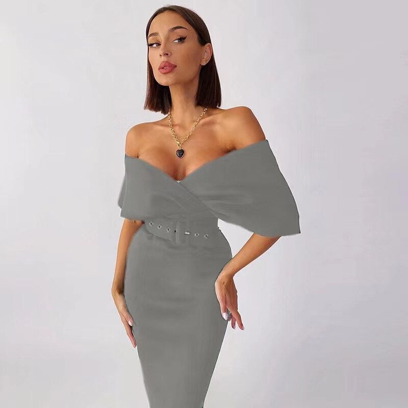 Off Shoulder Wrap Belted Bodycon Maxi Dress - View 4