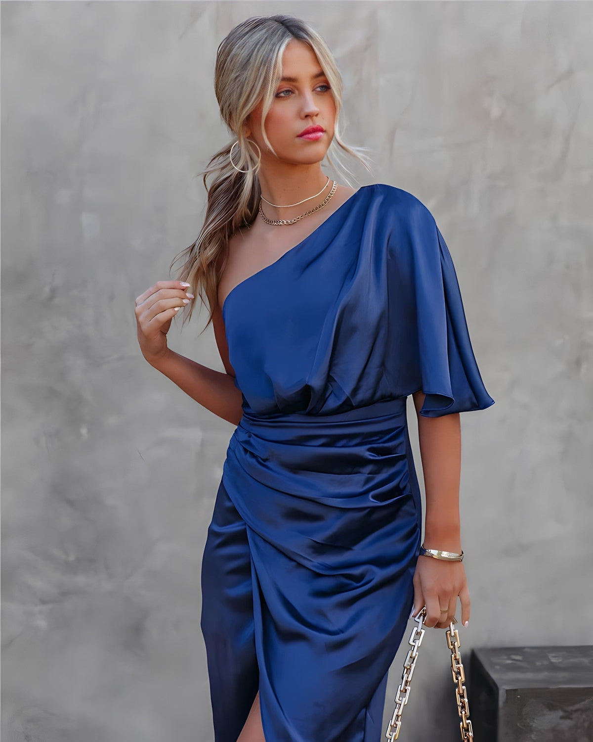 Satin One Shoulder Flutter Sleeve Ruched Tulip Hem Cocktail Midi Dress - View 15