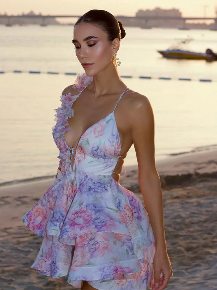 Floral Off Shoulder Ruffle Tiered Chiffon Mini Dress - View 7