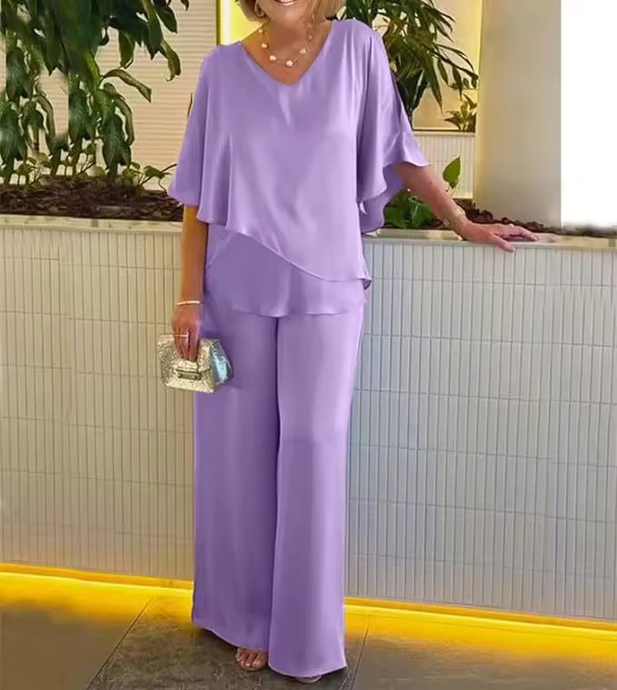 V-Neck Cape Overlay Top and Wide Leg Pants Two Piece Set 2