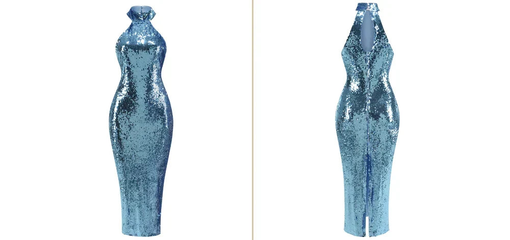 Sequin Halter Neck Bodycon High Split Maxi Dress - View 8