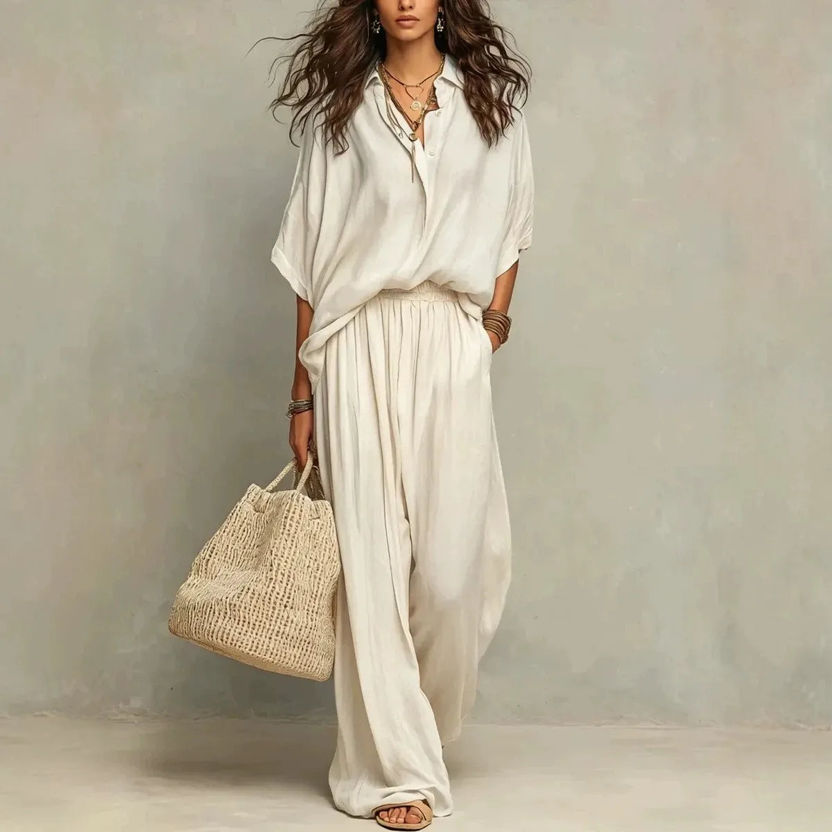 Collared Button Front Shirt and Wide Leg Pants Two Piece Set 3