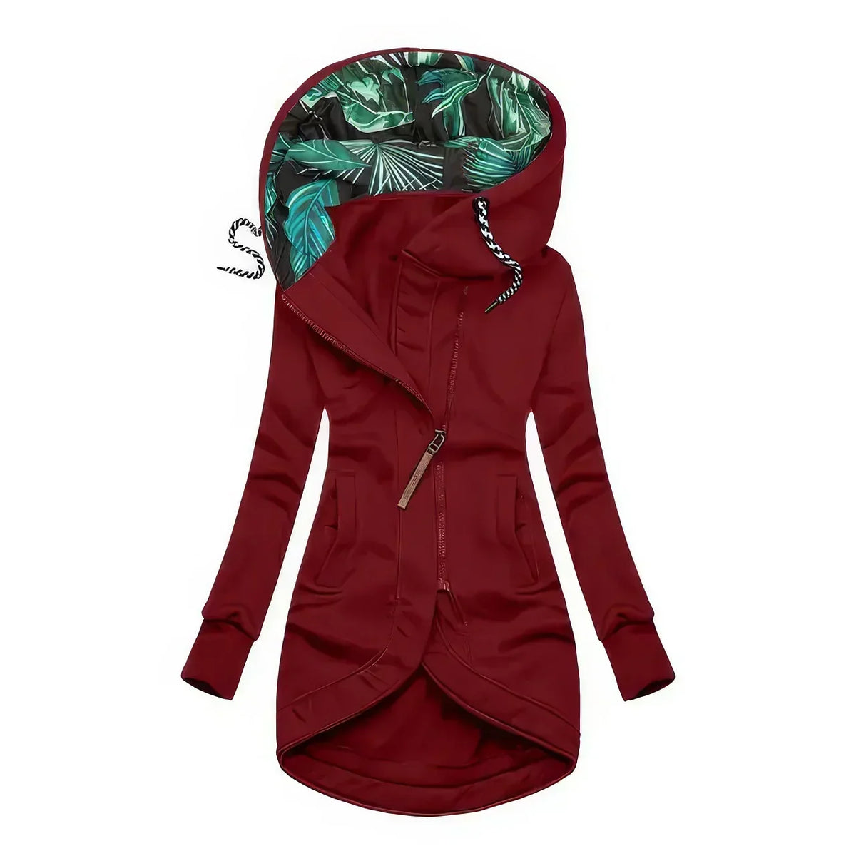 Hooded Zip Front Drawstring High Low Longline Jacket 2