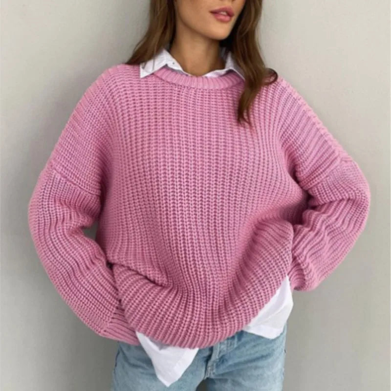 Crew Neck Long Sleeve Chunky Ribbed Knit Sweater