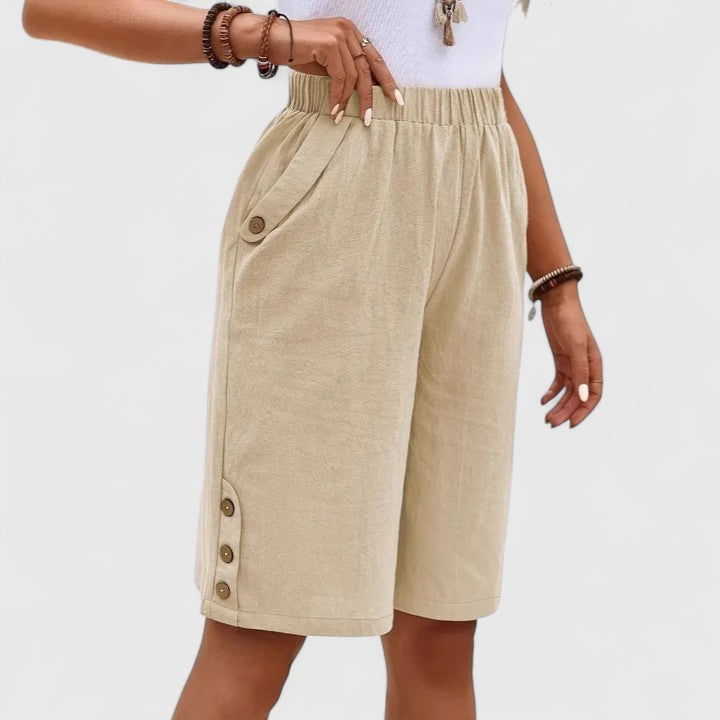 High Waist Side Button Knee Length Shorts 2