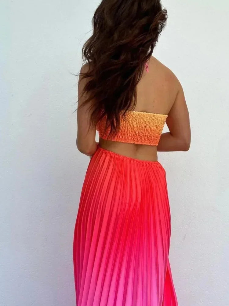 Satin Gradient Pleated Sleeveless Maxi Dress - View 5