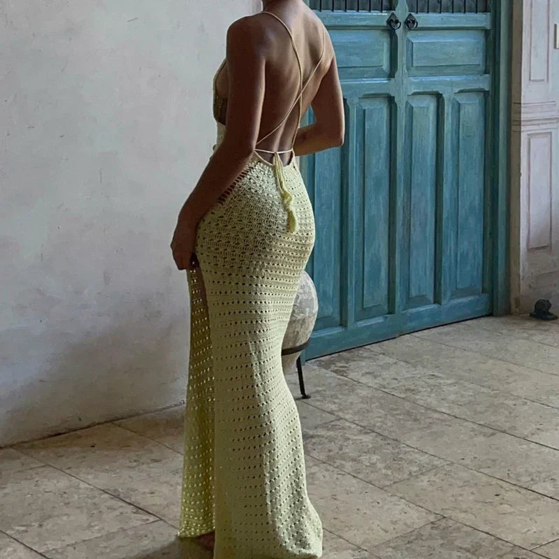 Crochet Knit Spaghetti Strap Scoop Neck Bodycon Maxi Dress - View 2