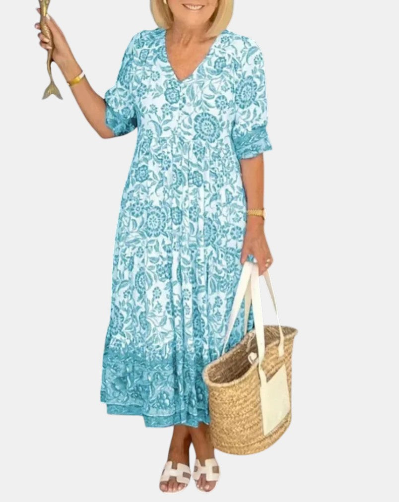 V-Neck Short Sleeve Floral Print Tiered Maxi Dress 4