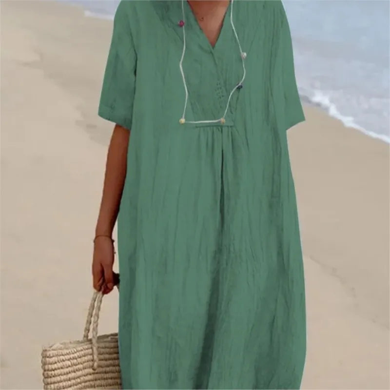 Split Neck Short Sleeve Linen Look Maxi Dress 4