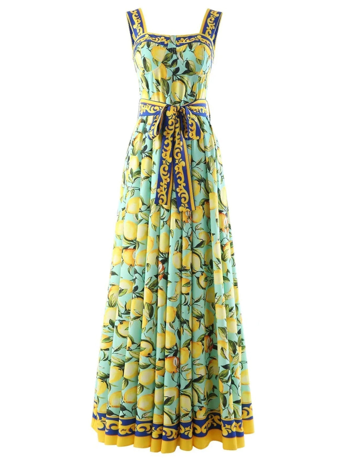 Lemon Print Square Neck Belted A-Line Maxi Dress 7