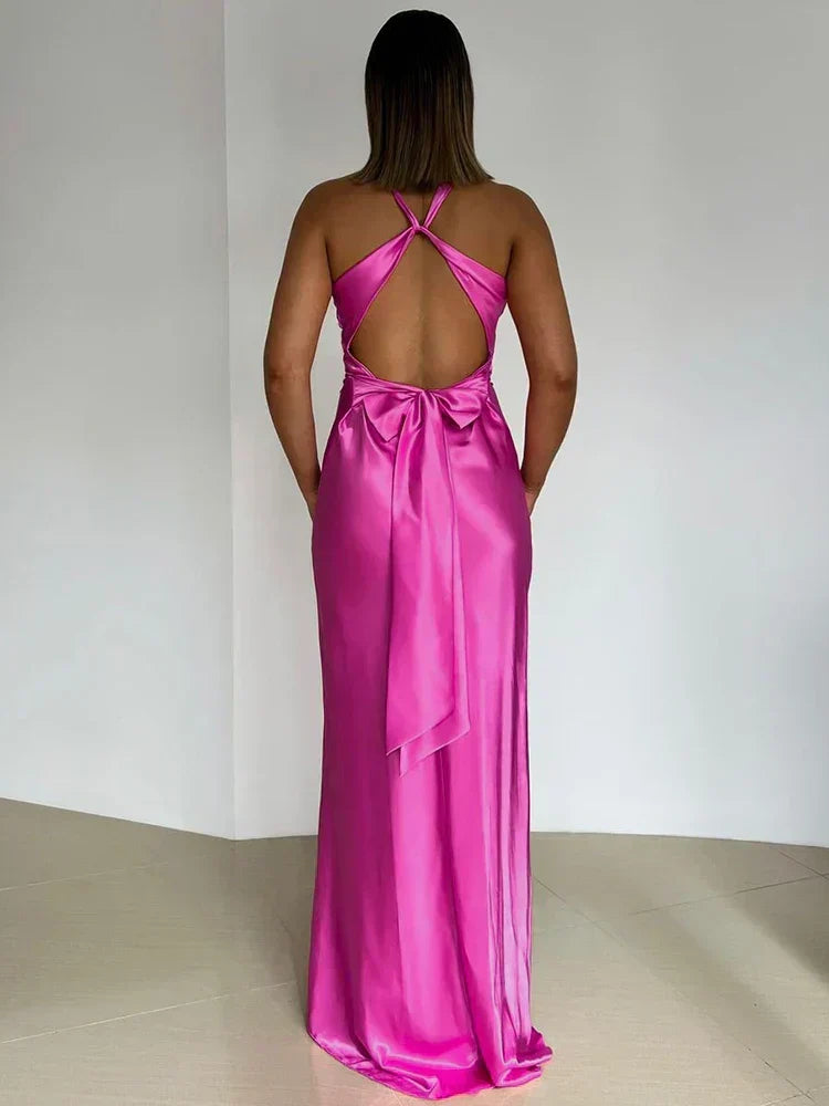 Satin V - neck Back Strappy Bow Maxi Dress - View 4