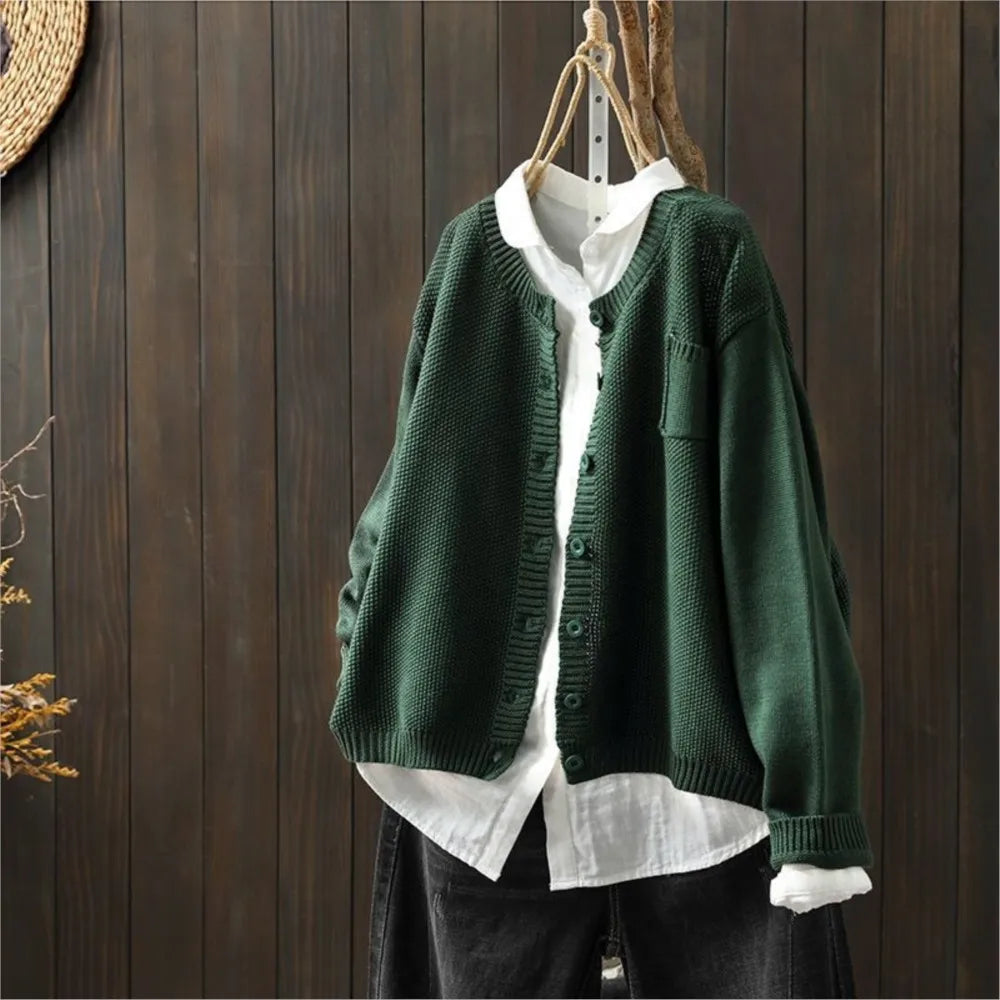 Crew Neck Button Front Chest Pocket Knit Cardigan 2