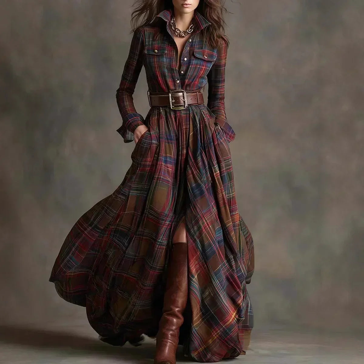 Plaid Belted Long Sleeve High Low Maxi Shirt Dress 2