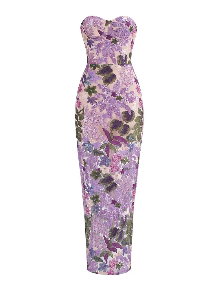 Floral Sequin Strapless Bustier Column Maxi Dress - View 7