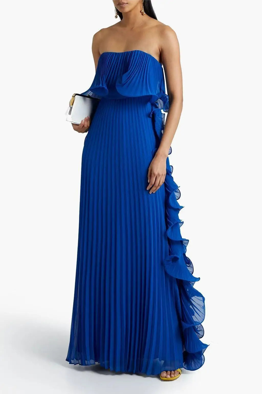 Pleated Chiffon Long Ruffled Strapless Dress - View 9