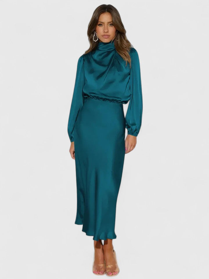 Satin High Neck Long Sleeve Blouson Midi Dress 2