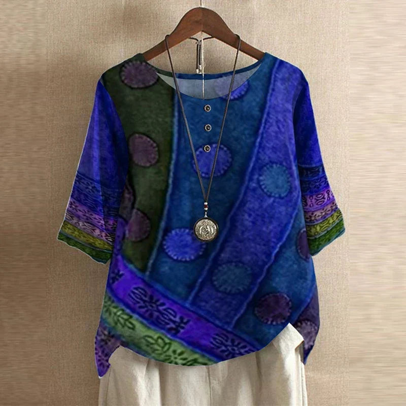 Round Neck Half Sleeve Floral Button Blouse 5